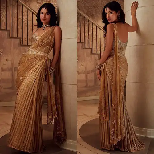 gown style saree draping