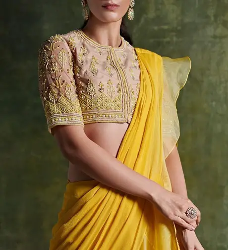 yellow embroidered high neck blouse design
