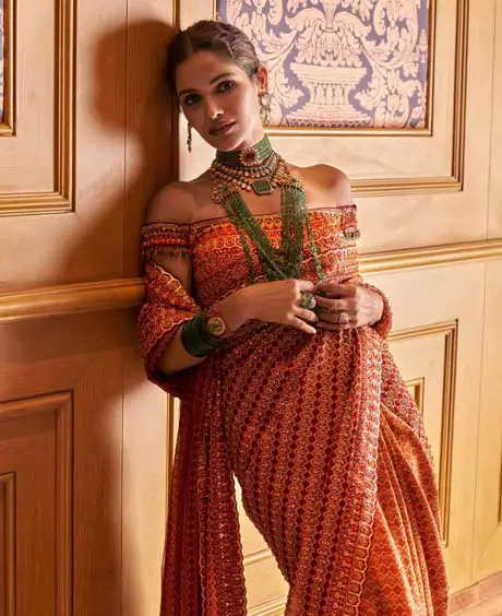 orange off-shoulder saree blouse design