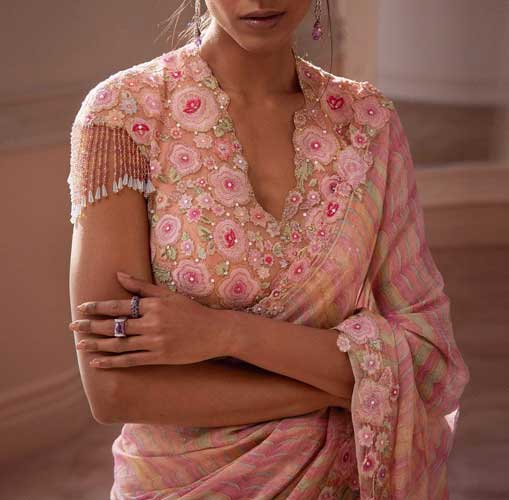 pink floral embroidery saree blouse design