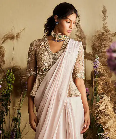 light pink modern peplum blouse design for saree