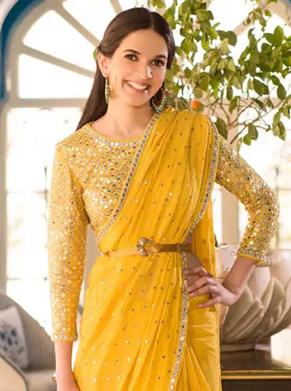 full-sleeve yellow mirror work saree blouse design