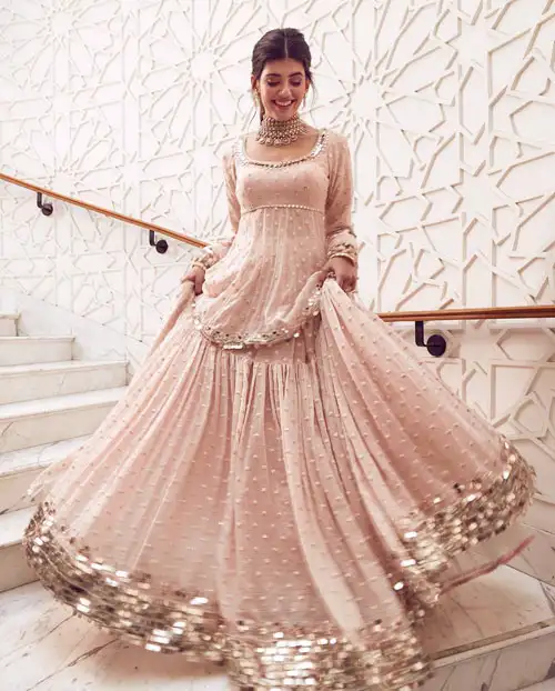 light pink lehenga wedding guest dress