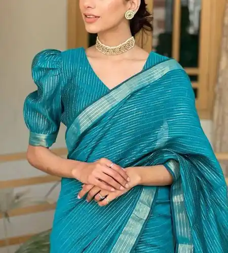 simple blue puff sleeve blouse designs for saree