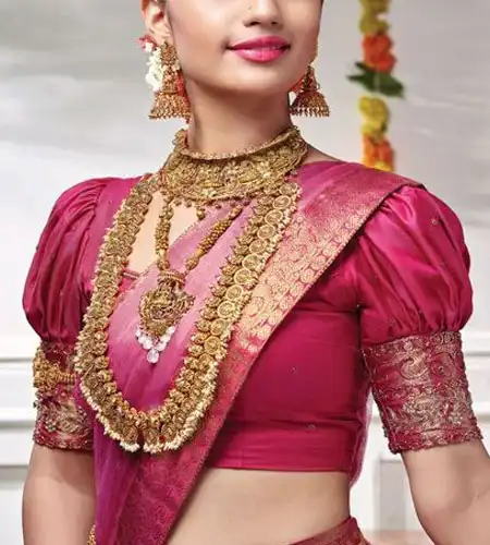 pink puff kai blouse design for silk saree for wedding