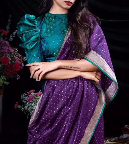 green satin polished puff blouse design with purple saree