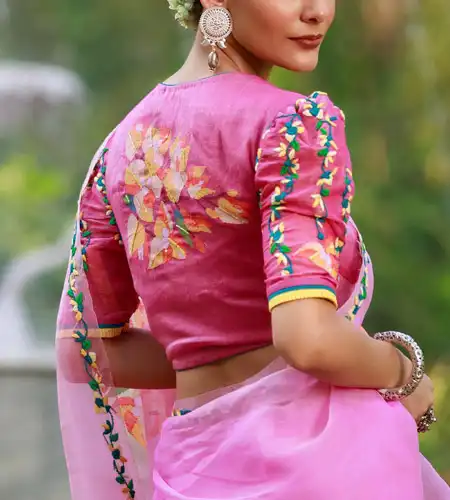 pink floral embroidered puff blouse with high back neck design