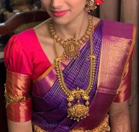 rani pink bridal puff sleeve blouse design for purple silk saree