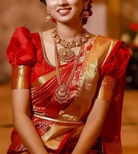 Red color Zari border puff blouse design for silk saree