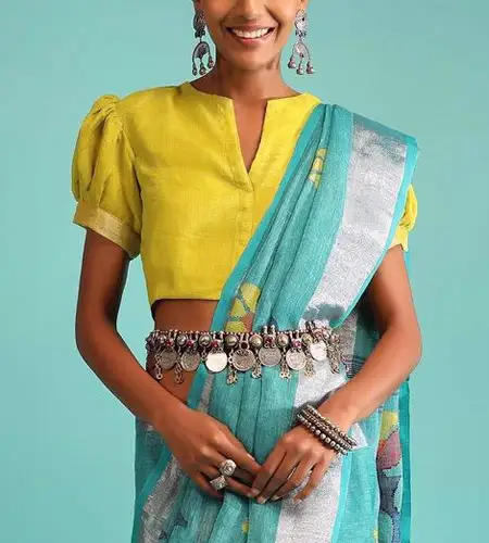 yellow short sleeve puff saree blouse design