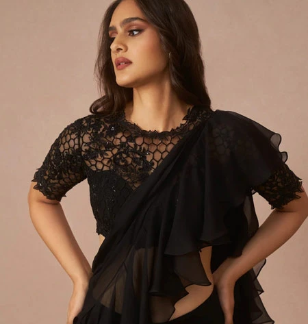 black front net saree blouse design