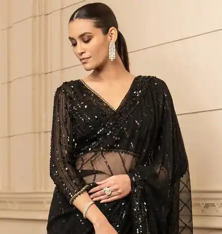 3/4th sleeve black net saree blouse design