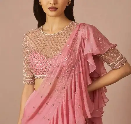 light-pink front net blouse design