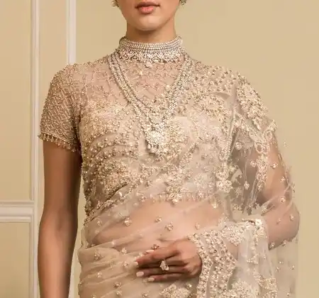 high neck stylish net saree blouse design