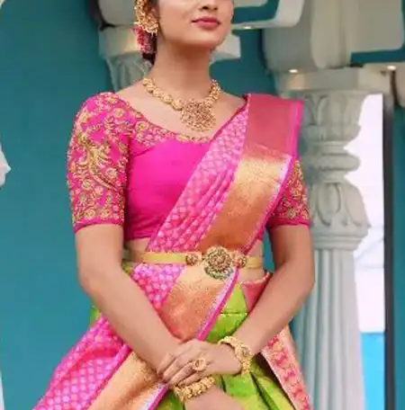 pink blouse with green lehenga saree