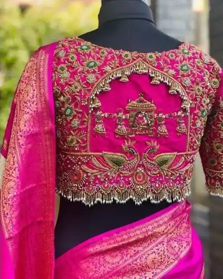 heavy maggam work pink blouse design.