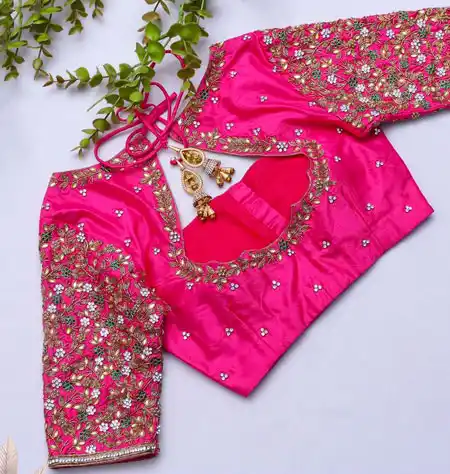 simple Aari work pink blouse design