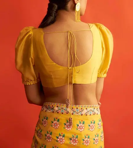 Yellow Round Back puff blouse with dori tying.