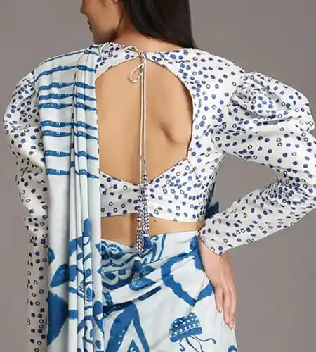 polka printed full sleeve puff blouse back design.