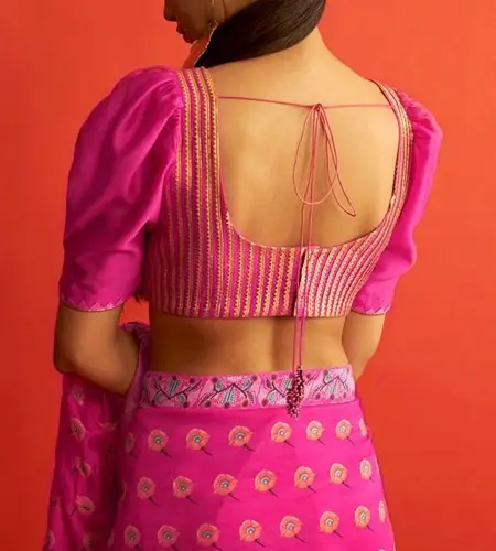 pink color puff blouse with U-Shape Back Neck Design