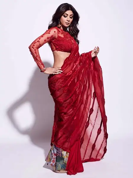 Shilpa Shetty in red lace saree