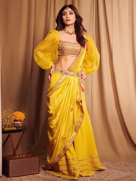 Shilpa Shetty yellow saree look