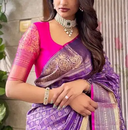 simple pink blouse for blue saree