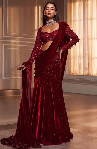 pre-draped maroon gown style modern saree look for wedding