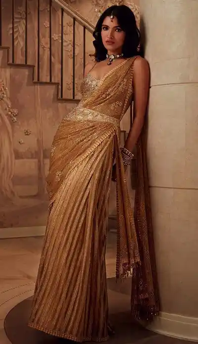 gold color paneled pre-drape saree for modern wedding look