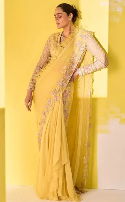 yellow feather border saree for wedding