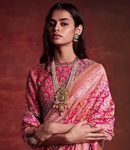 high neck pink blouse design for brocade silk saree