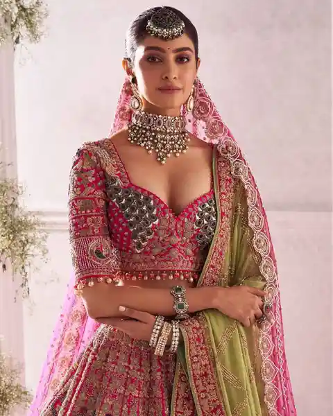 pink peacock embroidered bridal lehenga blouse design