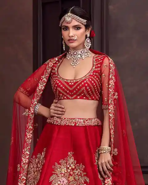 red designer bridal lehenga blouse with gold embroidery design