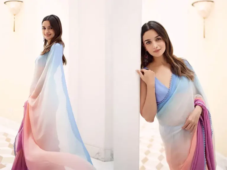 Alia wearing pastel ombre shade saree for Rocky aur Raani promotions