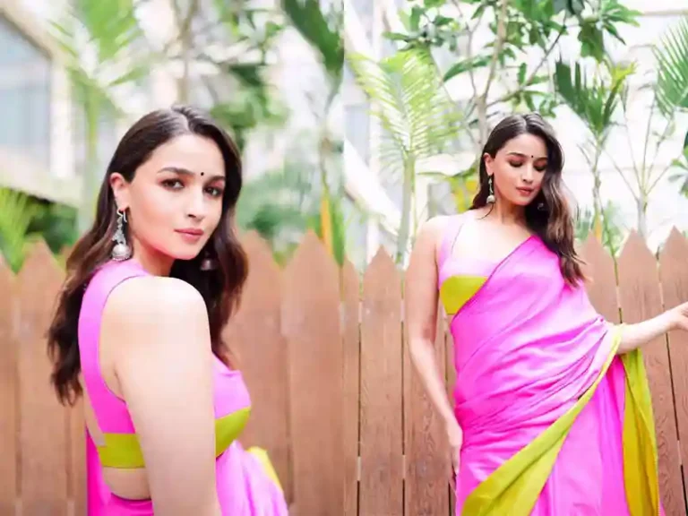 Alia wore bubble pink saree with matching blouse design.
