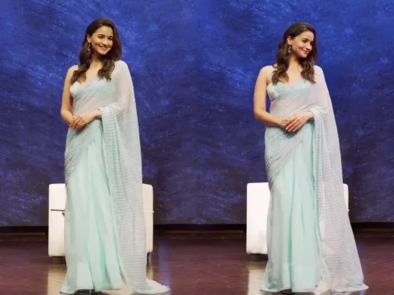 Alia wore sky blue striped chiffon saree for 'Rocky aur Rani'.