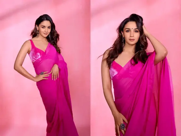 Alia Bhatt in plain pink saree with matching velvet blouse