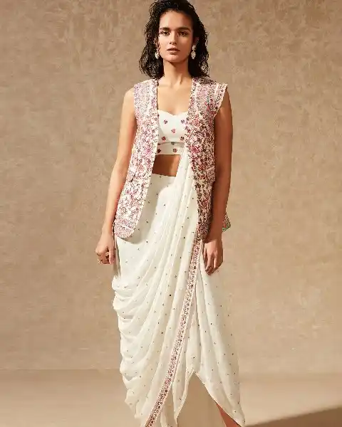 white pre-draped dhoti saree with embroidered jacket