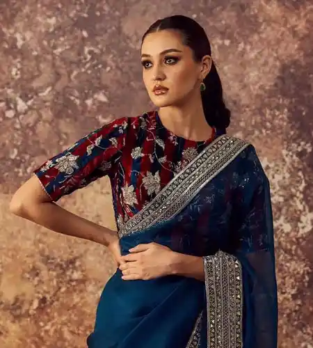 red-blue stripe high neck blouse paired with a blue organza saree