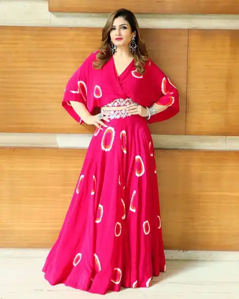 Raveena wearing pink skirt and kaftan style to - fusion outfit look