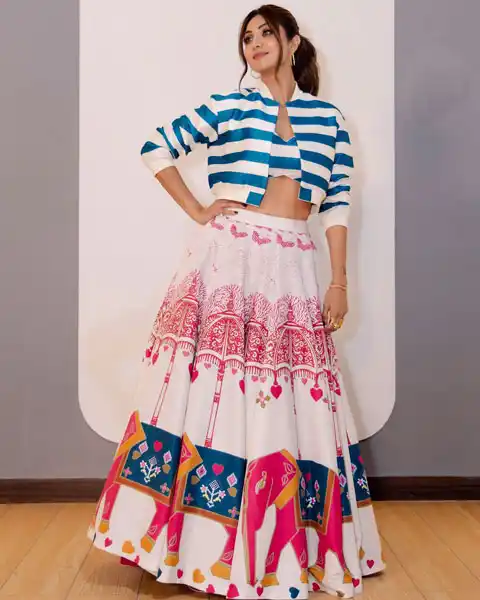 Shilpa Shetty's Indo-western look in printed skirt and jacket set
