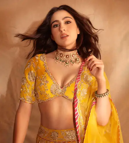 Sara Ali wearing yellow lehenga with matching embroidered blouse
