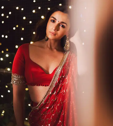 Alia Bhat worn red lehenga paired with satin silk red blouse for diwali