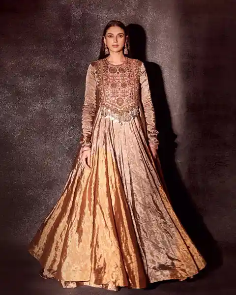 Aditi Rao Hydari's festive look in copper-gold kalidar dress
