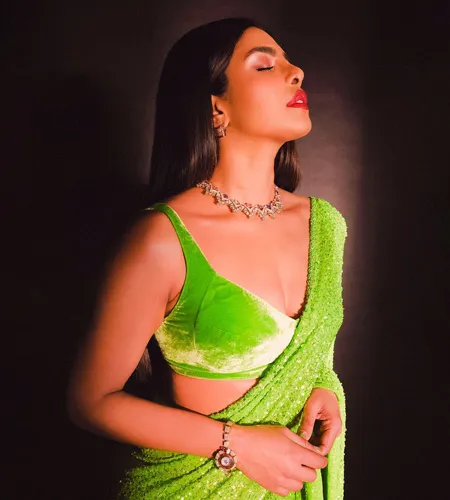 Priyanka Chopra wore parrot green velvet blouse with sequin saree