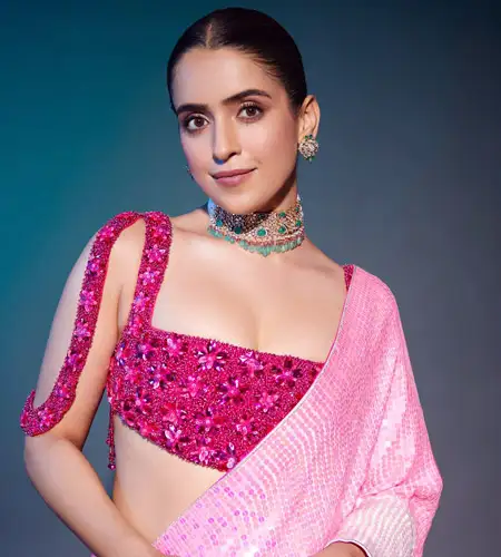 Sanya Malhotra worn pink sequin saree with crystal embroidered deep pink blouse