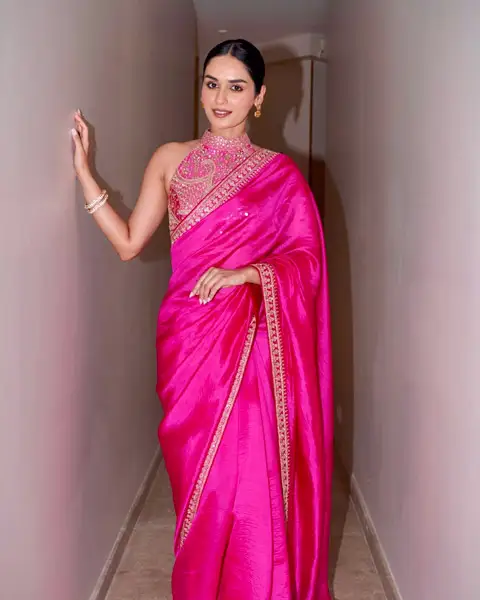Manushi Chillar wore pink saree with embroidered halter blouse