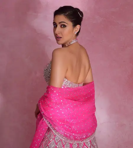 Sara Ali pink-silver blouse backless design