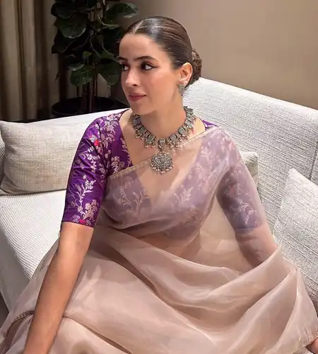 Sanya Malhotra paired pastel purple organza saree with purple brocade blouse