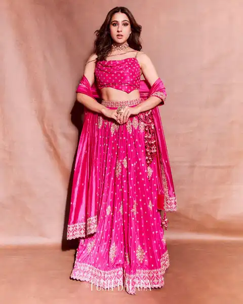 Sara Ali wore a pink lehenga with a cowl top and dupatta